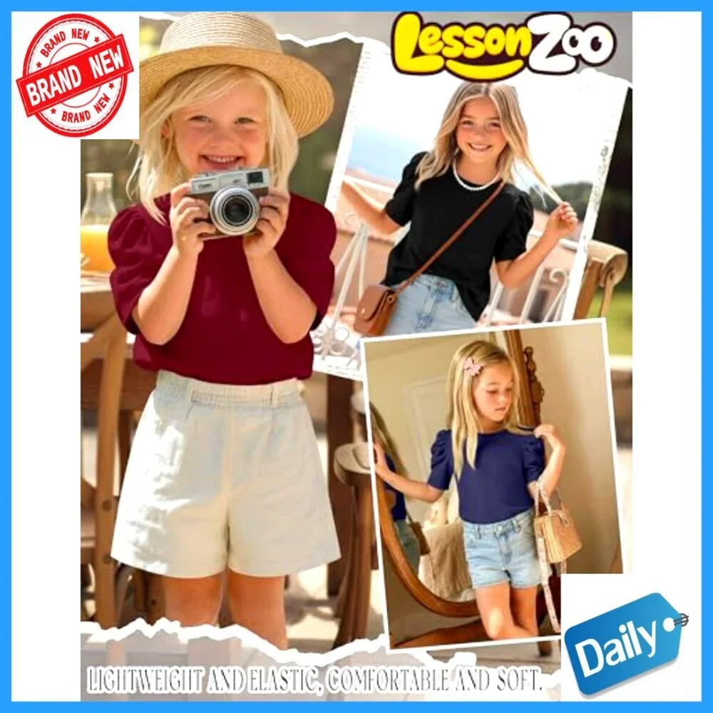 Girls Puff Sleeve Short Sleeve Tees 3 Pack Sizes 5-14 Years Summer Tops